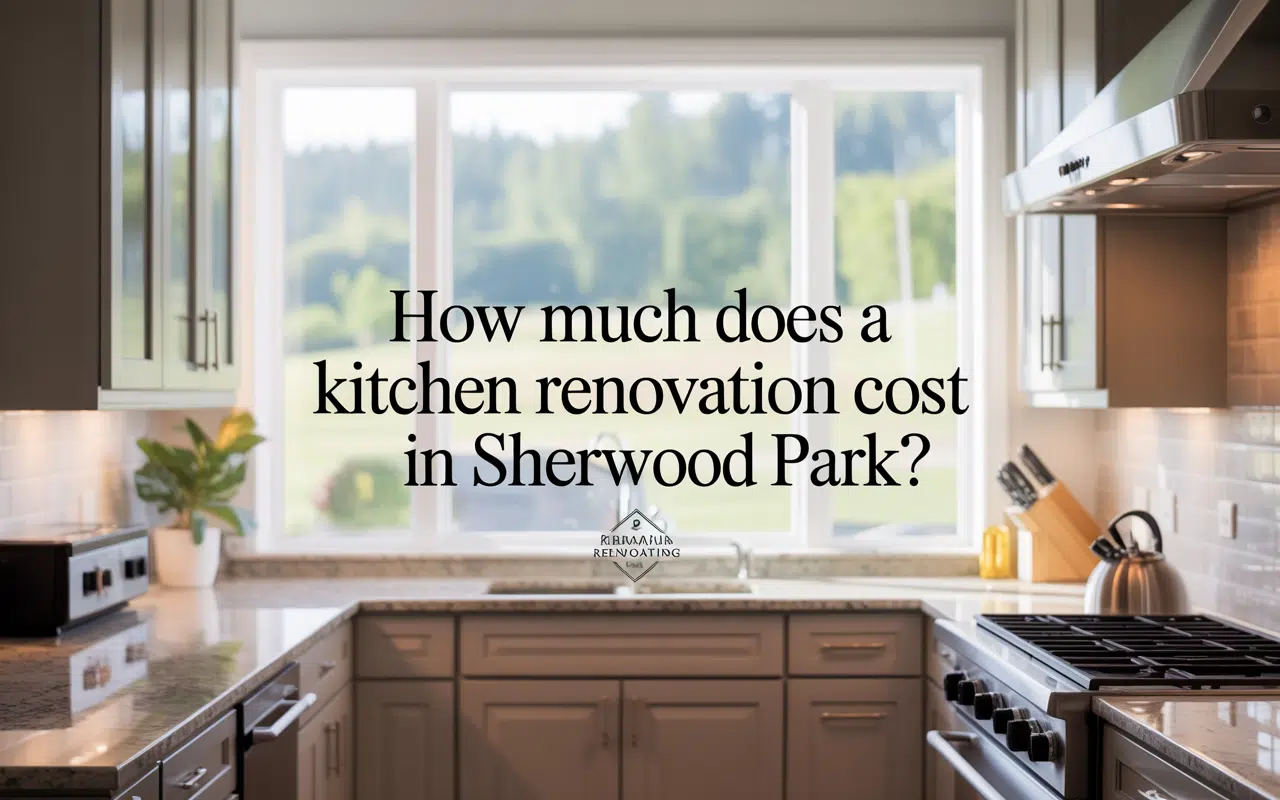 Modern kitchen with cabinets, countertops, and a large window. Sherwood Park kitchen renovation.