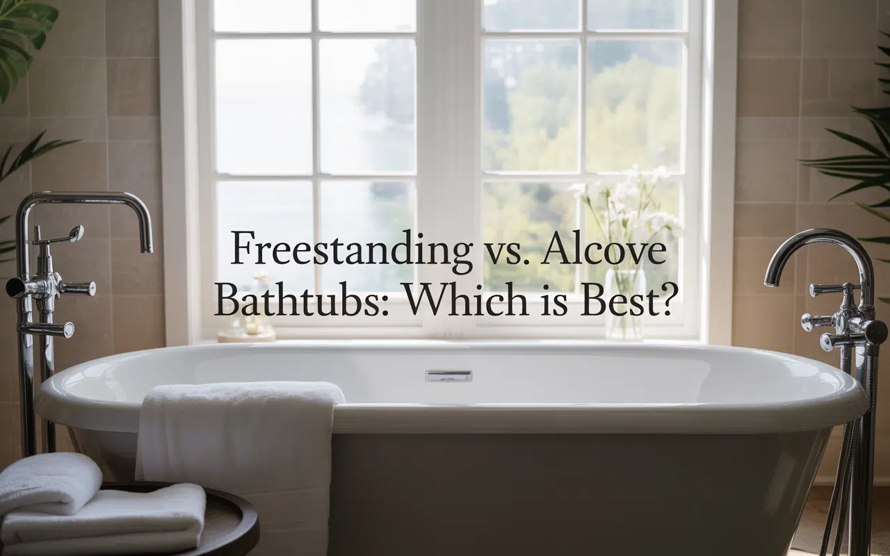 Luxury bathroom featuring a freestanding bathtub with chrome fixtures and soft towels. Window view.