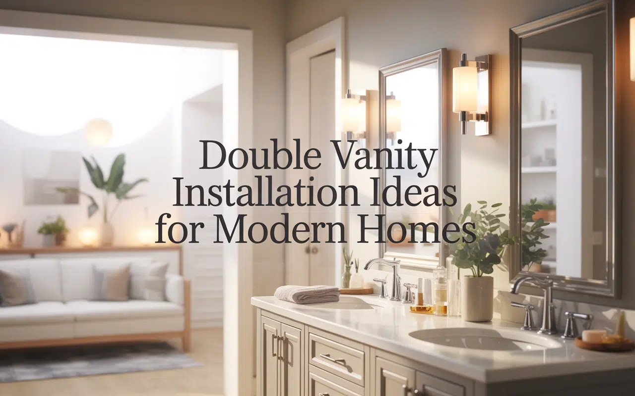 Modern bathroom with double vanity installation. Features mirrors, lighting, and stylish decor.