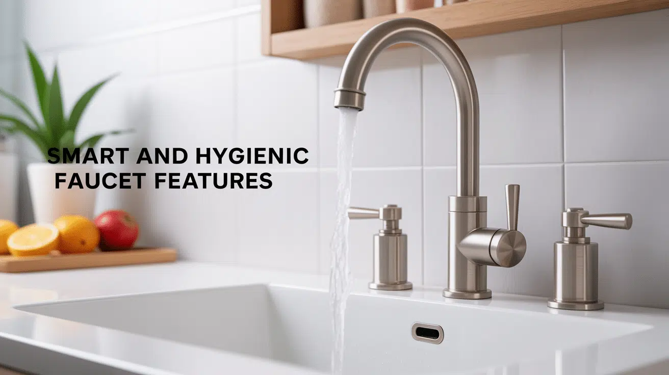 Modern kitchen: stainless steel faucet with running water over a white sink. Fresh fruit on the counter.